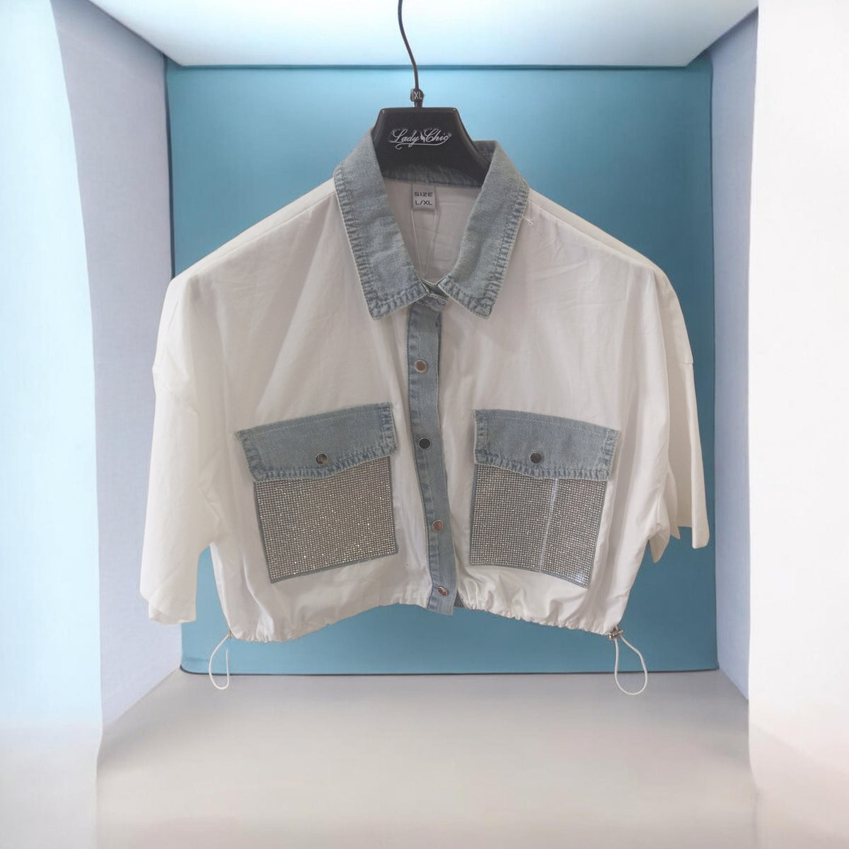 Camicia con Profili in Jeans e Tasche in Strass