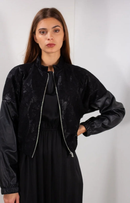 Bomber ecopelle con pizzo
