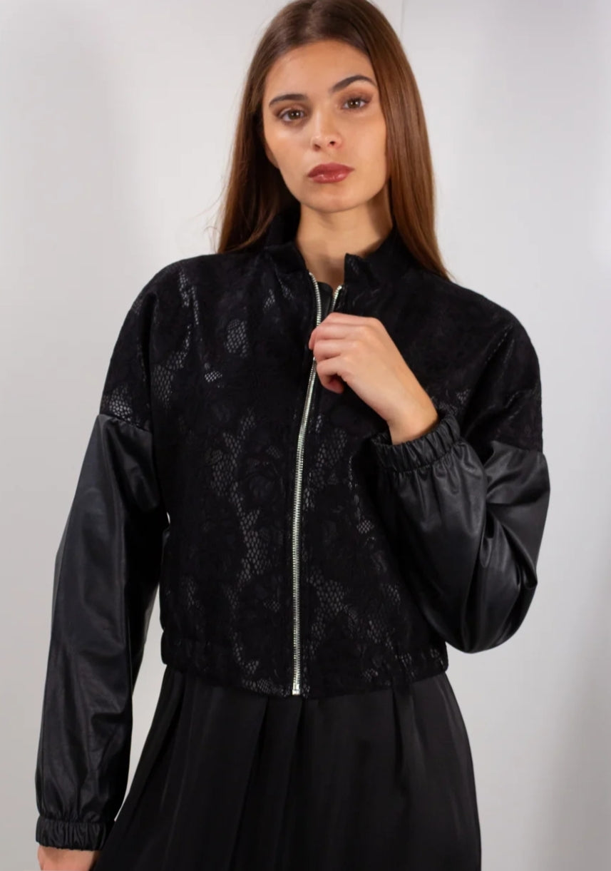 Bomber ecopelle con pizzo