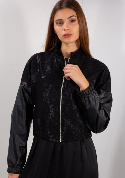 Bomber ecopelle con pizzo
